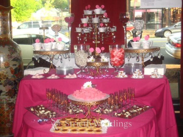 A candy bar buffet style at a wedding reception is a sure hit and can be a 