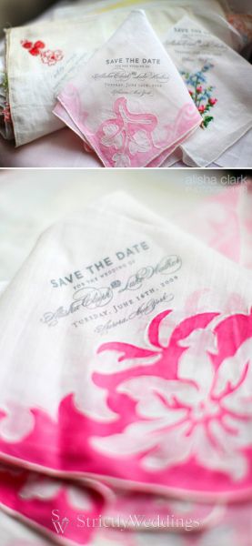Vintage handkerchief wedding save the dates from Lucky Luxe